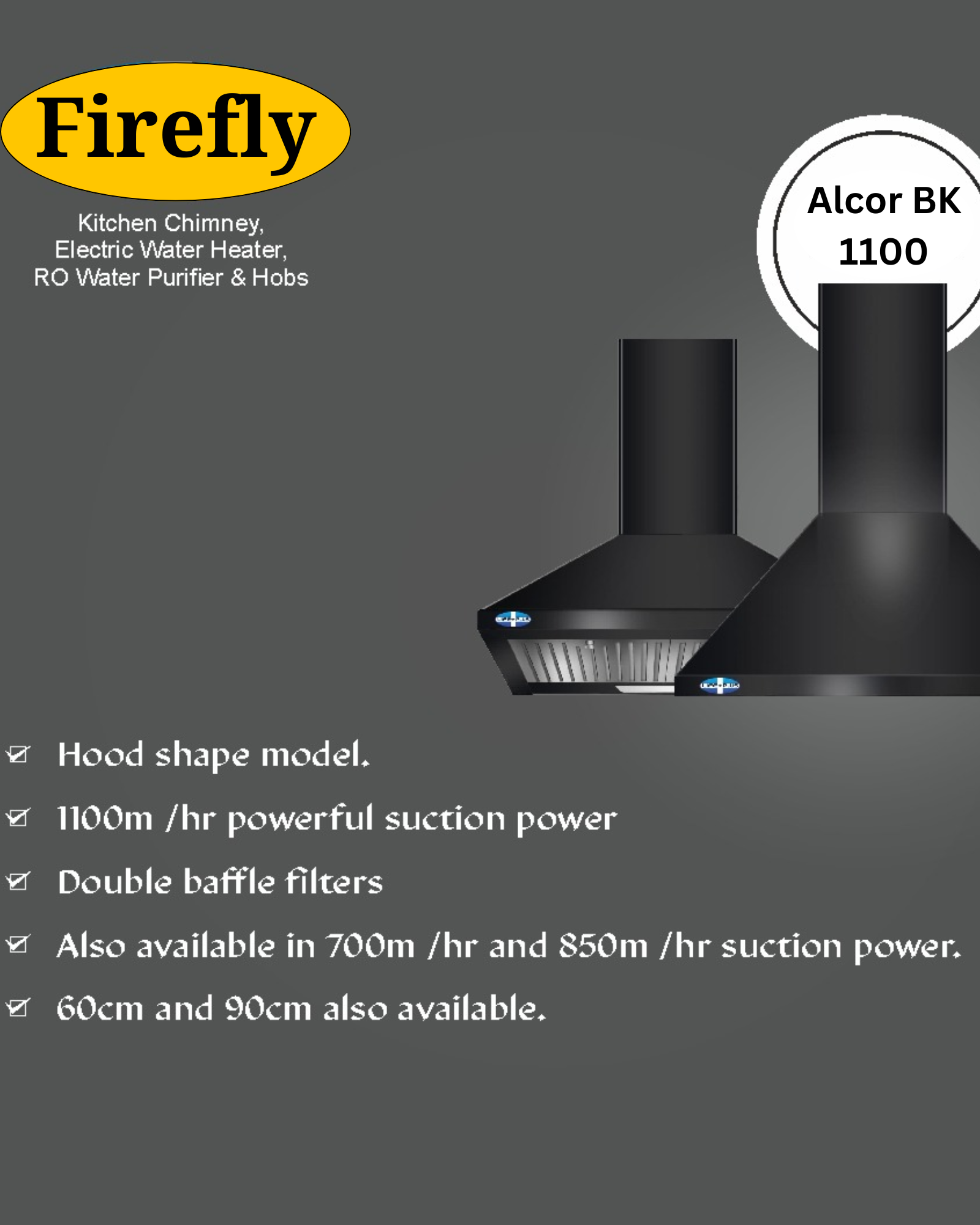 Electric Kitchen Chimney, Pyramid Shape Double Baffle filter Italian Motor 90cm 1100 m3/h -(Alcor BK 1100)